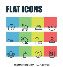 Set Of 12 Airport Icons. Includes Fly Around, Travel Clock, Globetrotter And Other Symbols. Beautiful Design Elements.