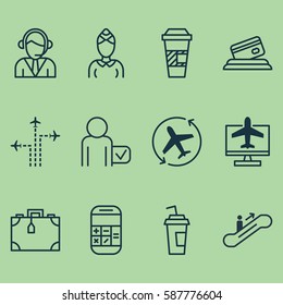 Set Of 12 Airport Icons. Includes Flight Path, Drink Cup, Suitcase And Other Symbols. Beautiful Design Elements.