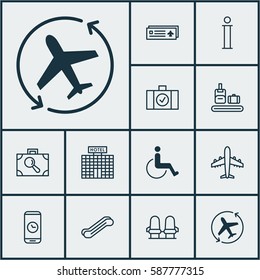 Set Of 12 Airport Icons. Includes Luggage Scanner, Resort Development, Information And Other Symbols. Beautiful Design Elements.