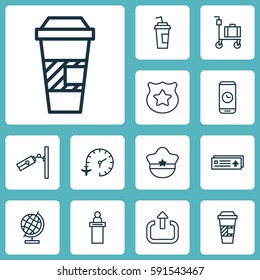 Set Of 12 Airport Icons. Includes Suitcase Pushcart, Pilot Hat, Drink Cup And Other Symbols. Beautiful Design Elements.