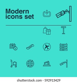Set Of 12 Airport Icons. Includes Suitcase Pushcart, Airliner Takeoff, Credit Card And Other Symbols. Beautiful Design Elements.