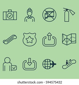 Set Of 12 Airport Icons. Includes Worldwide Flight, Fire Extinguisher, Stair Lift And Other Symbols. Beautiful Design Elements.