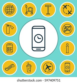 Set Of 12 Airport Icons. Includes Calculation, Airplane Information, World And Other Symbols. Beautiful Design Elements.