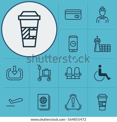 Set Of 12 Airport Icons. Includes Takeaway Coffee, Airliner Takeoff, Call Duration And Other Symbols. Beautiful Design Elements.