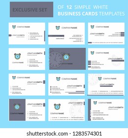 Set of 12 Alarm clock Creative Busienss Card Template. Editable Creative logo and Visiting card background