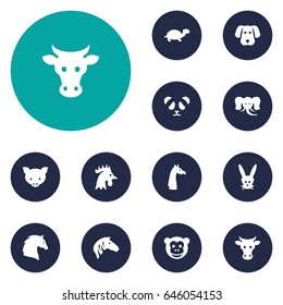 Set Of 12 Alive Icons Set.Collection Of Rooster, Horse, Ape And Other Elements.