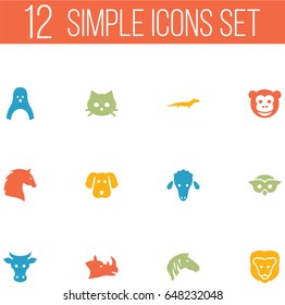 Set Of 12 Alive Icons Set.Collection Of Night Fowl, Wildcat, Steed And Other Elements.