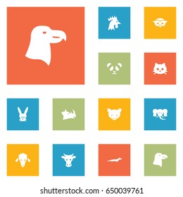 Set Of 12 Alive Icons Set.Collection Of Rooster, Rhinoceros, Kine And Other Elements.