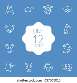Set Of 12 Alive Outline Icons Set.Collection Of Sheep, Giraffe, Pig And Other Elements.