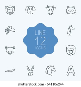Set Of 12 Alive Outline Icons Set.Collection Of Lizard, Horse, Cow And Other Elements.