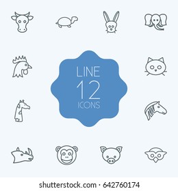 Set Of 12 Alive Outline Icons Set.Collection Of Rabbit, Cat, Monkey And Other Elements.