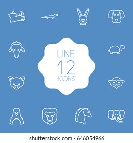 Set Of 12 Alive Outline Icons Set.Collection Of Sheep, Owl, Rhino And Other Elements.