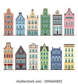 Set of 12 Amsterdam old houses cartoon facades. Traditional architecture of Netherlands. Colorful flat isolated illustrations in the Dutch style.