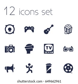 Set Of 12 Amusement Icons Set.Collection Of Acoustic, Spectacles, Joystick And Other Elements.
