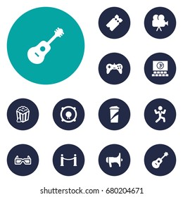 Set Of 12 Amusement Icons Set.Collection Of Pass, Hall, Megaphone And Other Elements.