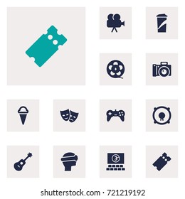 Set Of 12 Amusement Icons Set.Collection Of Filmstrip, Cyberspace, Theater And Other Elements.