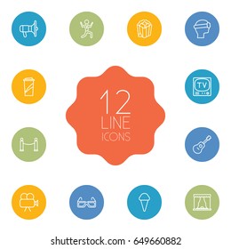 Set Of 12 Amusement Outline Icons Set.Collection Of Popcorn, Ice Cream, 3D Glasses And Other Elements.