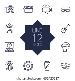 Set Of 12 Amusement Outline Icons Set.Collection Of Guitar, Soft Drink, Popcorn And Other Elements.