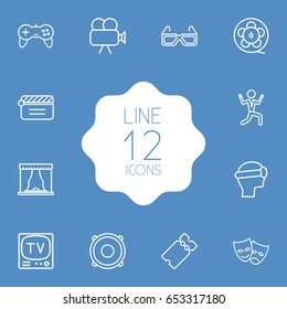 Set Of 12 Amusement Outline Icons Set.Collection Of Vr Helmet, 3D Glasses, Tv Set And Other Elements.