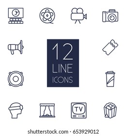 Set Of 12 Amusement Outline Icons Set.Collection Of Speaker, Popcorn, Vr Helmet And Other Elements.