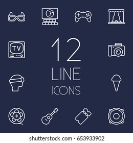 Set Of 12 Amusement Outline Icons Set.Collection Of Vr Helmet, Photo Camera, Film Role And Other Elements.