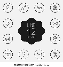 Set Of 12 Amusement Outline Icons Set.Collection Of Ticket, Dancing Man, Bullhorn And Other Elements.