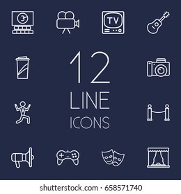 Set Of 12 Amusement Outline Icons Set.Collection Of Masks, Photo Camera, Tv Set And Other Elements.