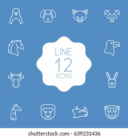 Set Of 12 Animal Outline Icons Set.Collection Of Dog, Giraffe, Horse And Other Elements.