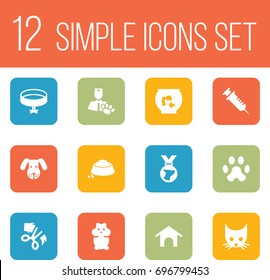 Set Of 12 Animals Icons Set.Collection Of Footprint, Food, Scissor And Other Elements.