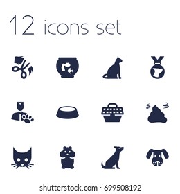 Set Of 12 Animals Icons Set.Collection Of Medallion, Pet Crate, Pile And Other Elements.
