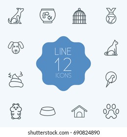 Set Of 12 Animals Outline Icons Set.Collection Of Bowl, Medal, Dog And Other Elements.