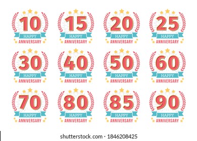 Conjunto de emblemas de 12 años con cinta, 10 a 90 años, vector eps10 ilustración