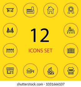 Set of 12 architecture icons line style set. Collection of gas station, bridge, factory and other elements.