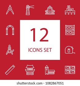 Set of 12 architecture icons line style set. Collection of meter, lighthouse, modular house and other elements.