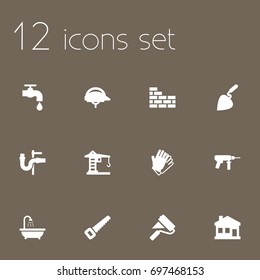 Set Of 12 Architecture Icons Set.Collection Of Building Machinery, Hardhat, Hacksaw And Other Elements.