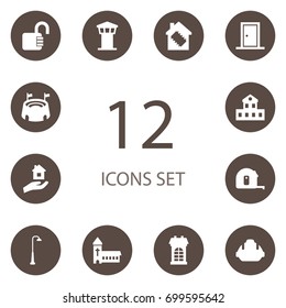 Set Of 12 Architecture Icons Set.Collection Of Penthouse, Lamppost, Hardhat And Other Elements.