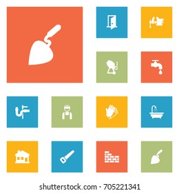 Set Of 12 Architecture Icons Set.Collection Of Cement Machine, Pipeline, Brick Wall And Other Elements.