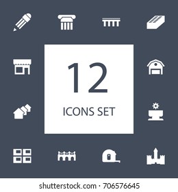 Set Of 12 Architecture Icons Set.Collection Of Domicile, Pen, Pillar And Other Elements.