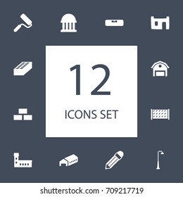 Set Of 12 Architecture Icons Set.Collection Of Pencil, Ministers, Warehouse And Other Elements.