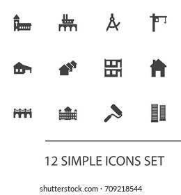Set Of 12 Architecture Icons Set.Collection Of Domicile, Lifting, House And Other Elements.