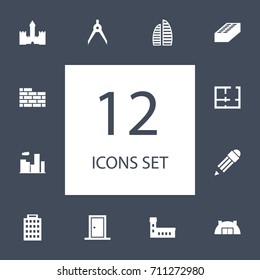 Set Of 12 Architecture Icons Set.Collection Of Pen, Stone, Urban Estate And Other Elements.