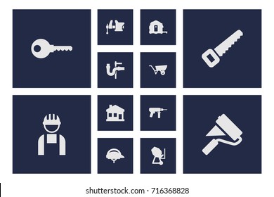 Set Of 12 Architecture Icons Set.Collection Of Clamp, Pushcart, Electric Screwdriver And Other Elements.