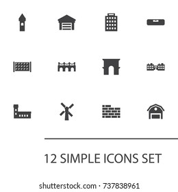 Set Of 12 Architecture Icons Set.Collection Of Farm, Gate And Other Elements.