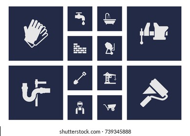 Set Of 12 Architecture Icons Set.Collection Of Building Machinery, Brick Wall, Clamp And Other Elements.
