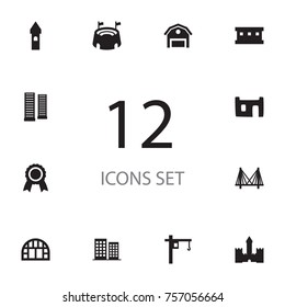 Set Of 12 Architecture Icons Set.Collection Of Botanical Garden, Golden Gate, Hangar And Other Elements.