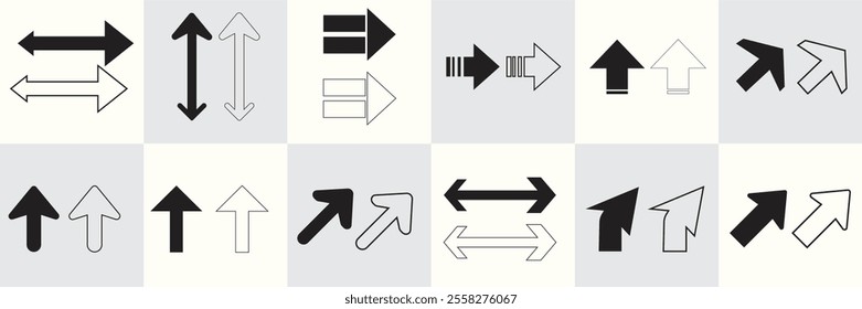 A set of 12 arrow icons in various directions and styles, including solid, outlined, double arrows, and geometric designs. Ideal for navigation, movement, or direction themes.