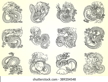 Set 12 Asian chinese dragon black contour on white background