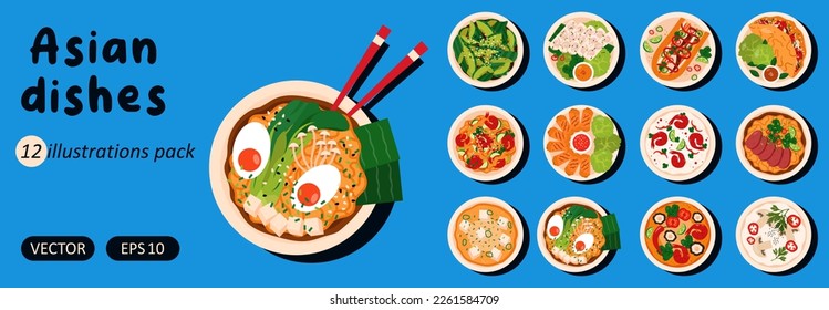 Set of 12 asian dishes. Vietnamese, Japanese, Thai and Chinese cuisine. Various food dishes. Vector flat illustrations pack.