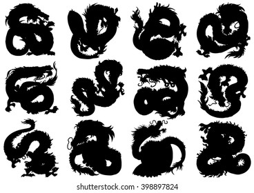 Set 12 Asian dragon Black profile (silhouette) on white background