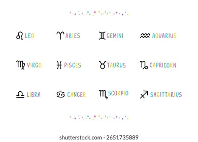 Set of 12 astrological zodiac colorful lettering sings. Сartoon talisman tattoo, logo, sticker. Isolated element. Hand drawn felt-tip pen illustration.
